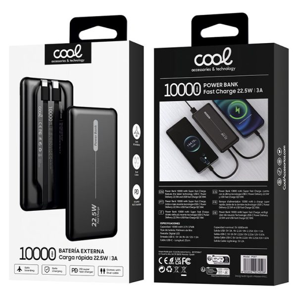 Batería Externa Universal Power Bank 10.000 mAh PD 22.5W (2 cables) Negro - Image 3