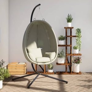 Cadeira em forma de ovo suspensa com suporte tecido/aço bege